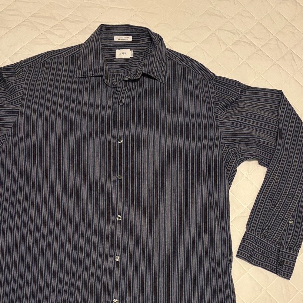 J. Crew Men's Navy and Light Blue Vertical Stripe Dress Shirt Size: 15 1/2-16